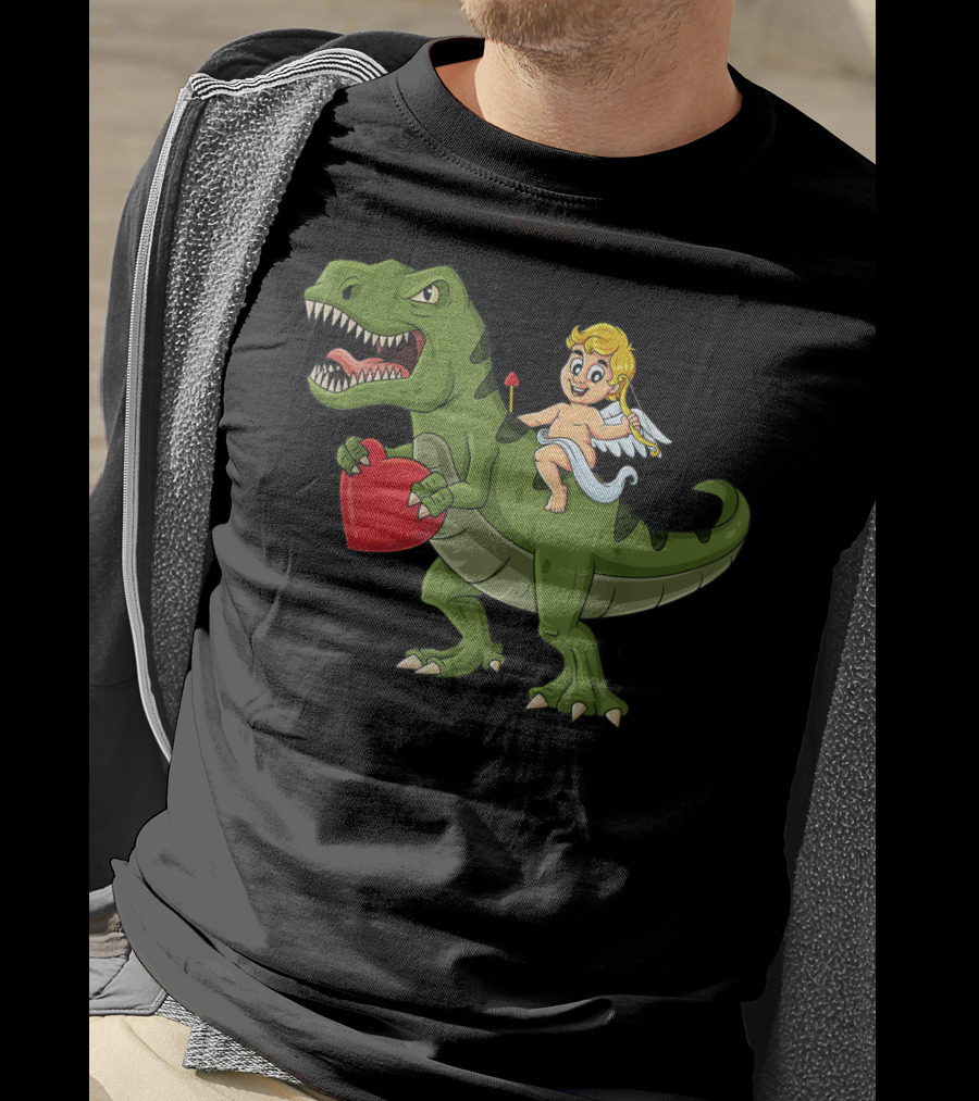 Valentine Cupid On Dinosaur With Heart And Arrow T-Shirt