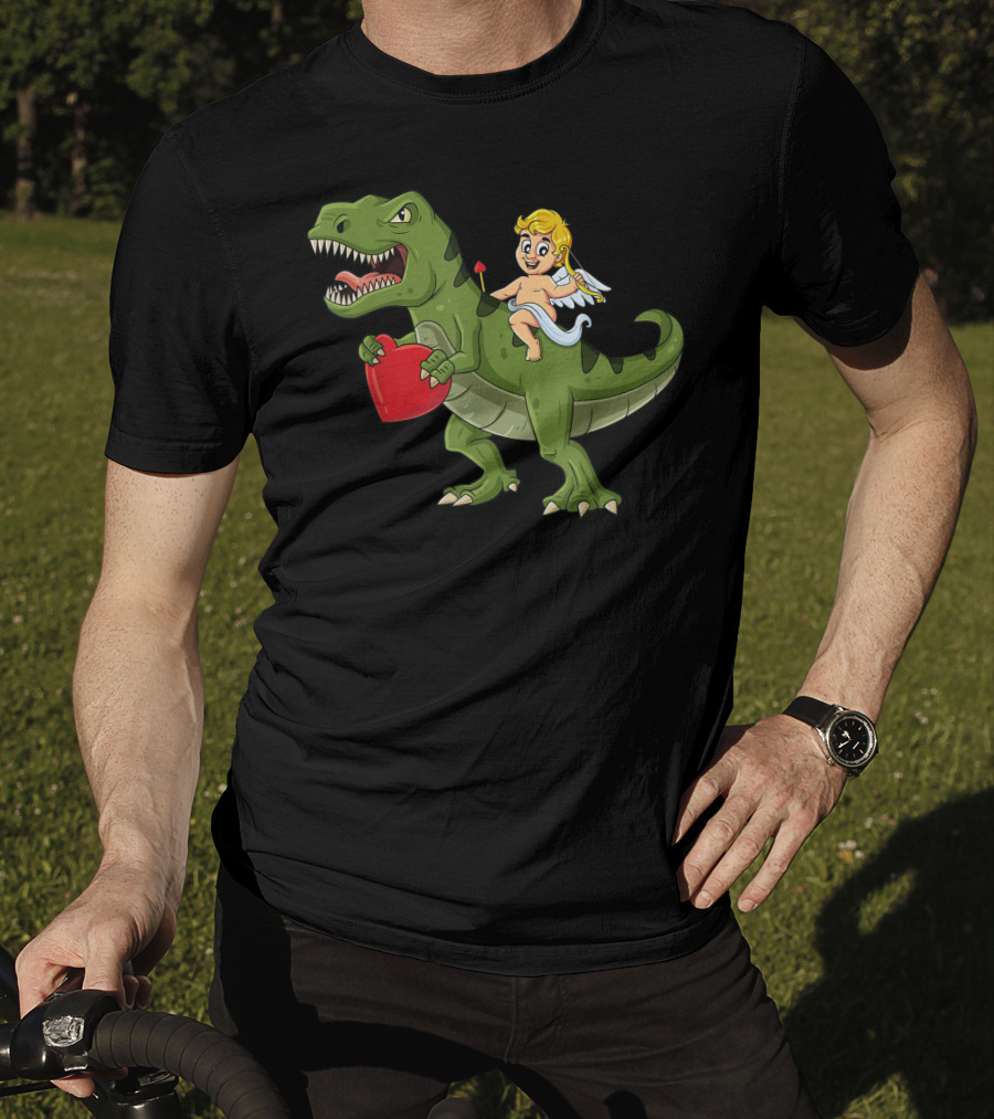 Valentine Cupid On Dinosaur With Heart And Arrow T-Shirt