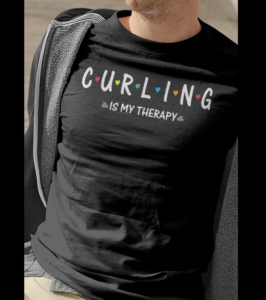 Curling Is My Therapy Colorful Heart Winter Sports T-Shirt