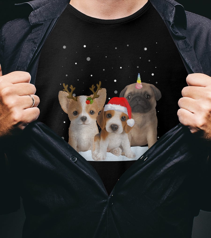 Cute Dogs Reindeer Horns Santa Hat Unicorn Snowflakes T-Shirt