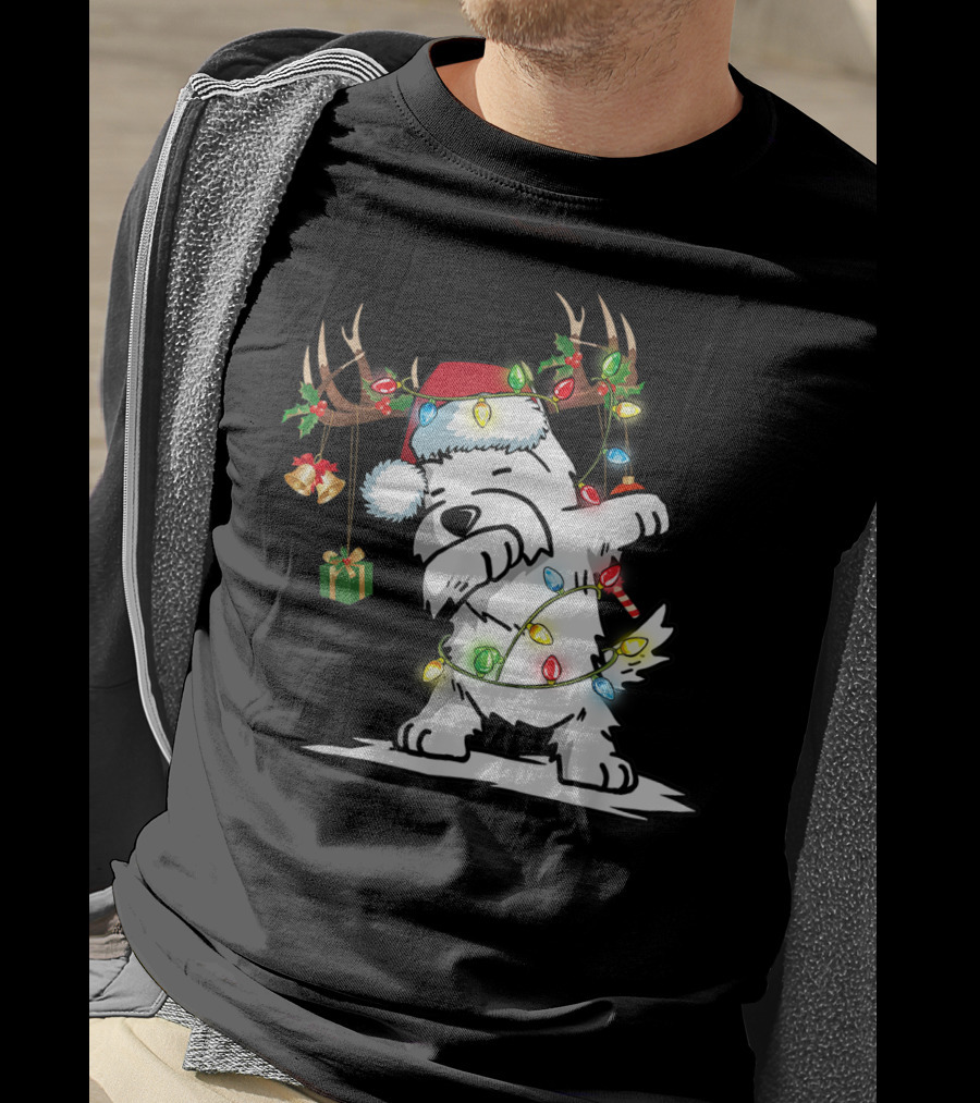 Dabbing Westie Dog Reindeer Lights Santa Hat Christmas Gifts T-Shirt