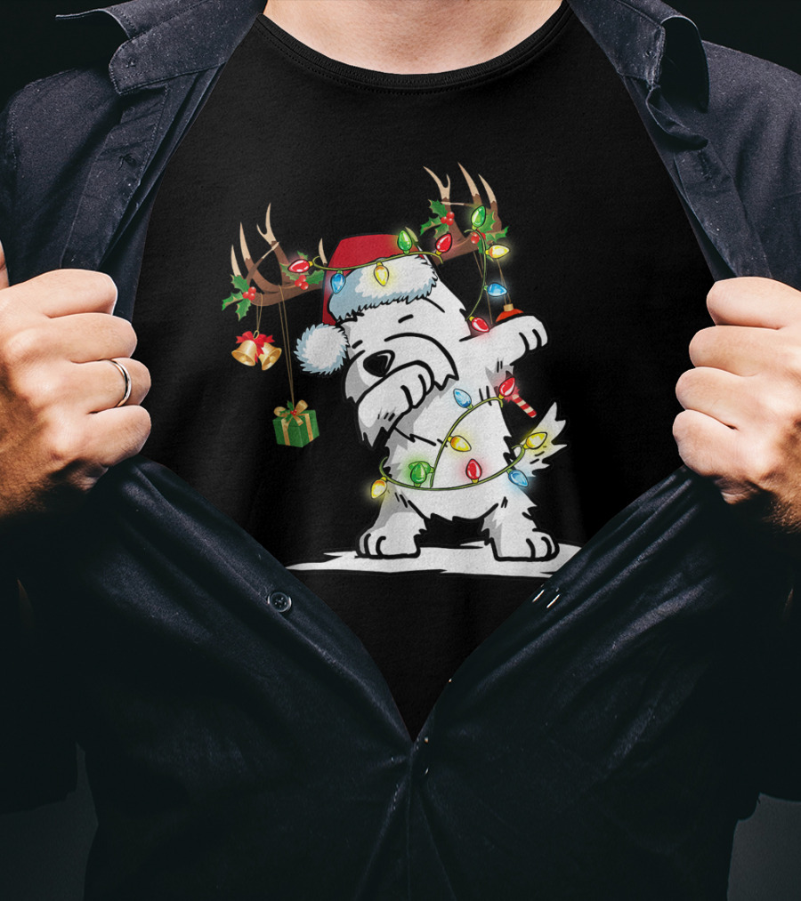Dabbing Westie Dog Reindeer Lights Santa Hat Christmas Gifts T-Shirt
