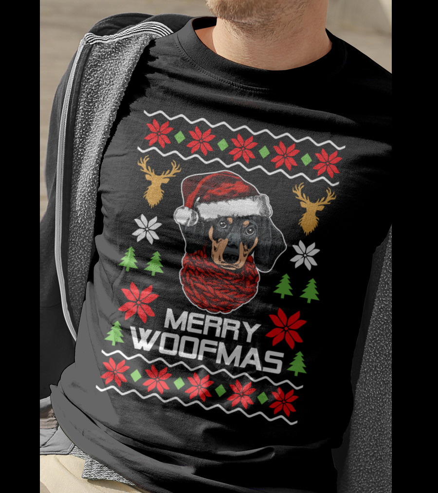 Merry Woofmas Dachshund Santa Hat Christmas Reindeer Snowflakes Trees T-Shirt