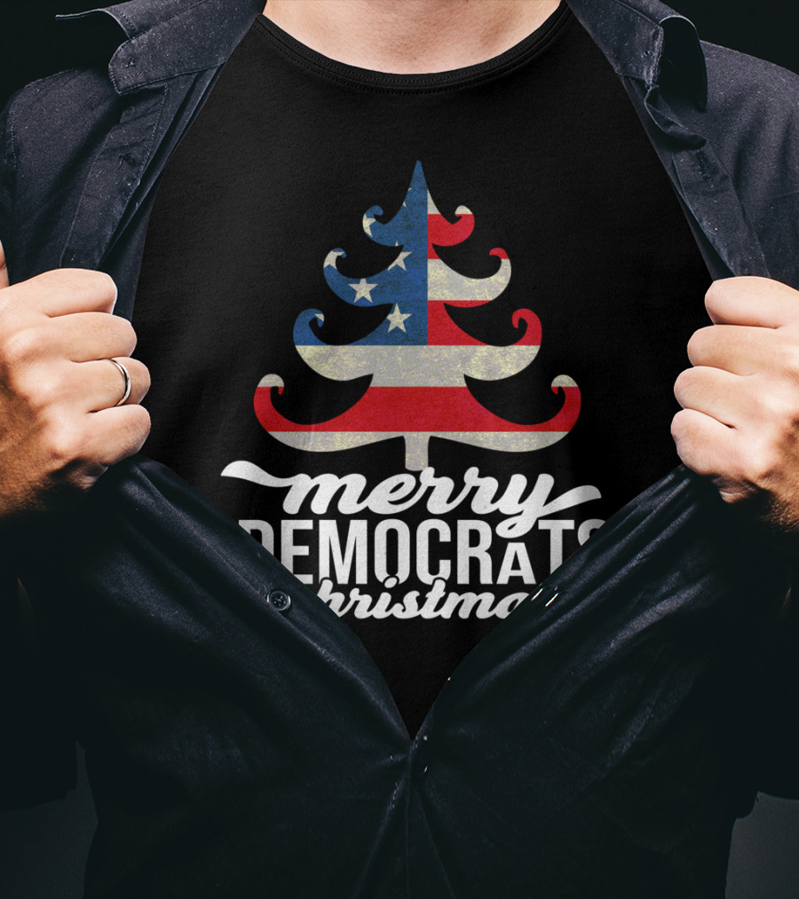 Merry Christmas Democrats Patriotic Tree USA Flag Stars T-Shirt
