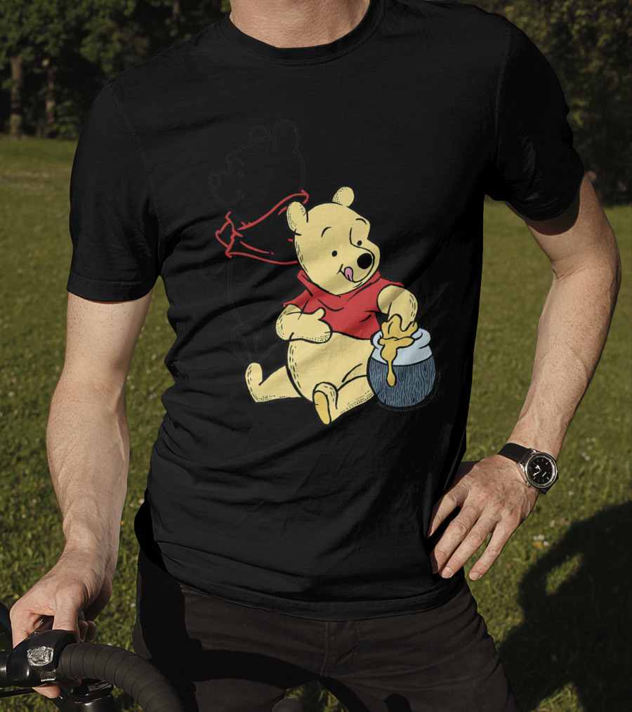Disney Winnie The Pooh Outline And Colored Character Sitting With Honey Jar T-Shirt