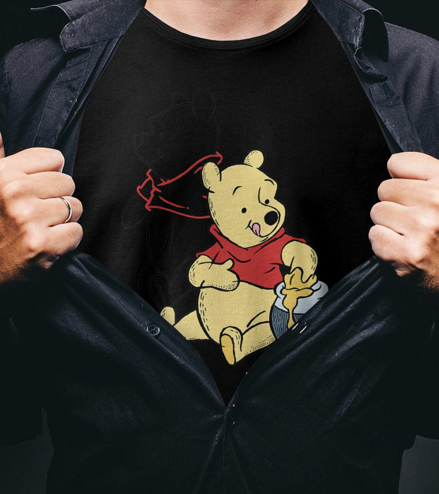 Disney Winnie The Pooh Outline And Colored Character Sitting With Honey Jar T-Shirt
