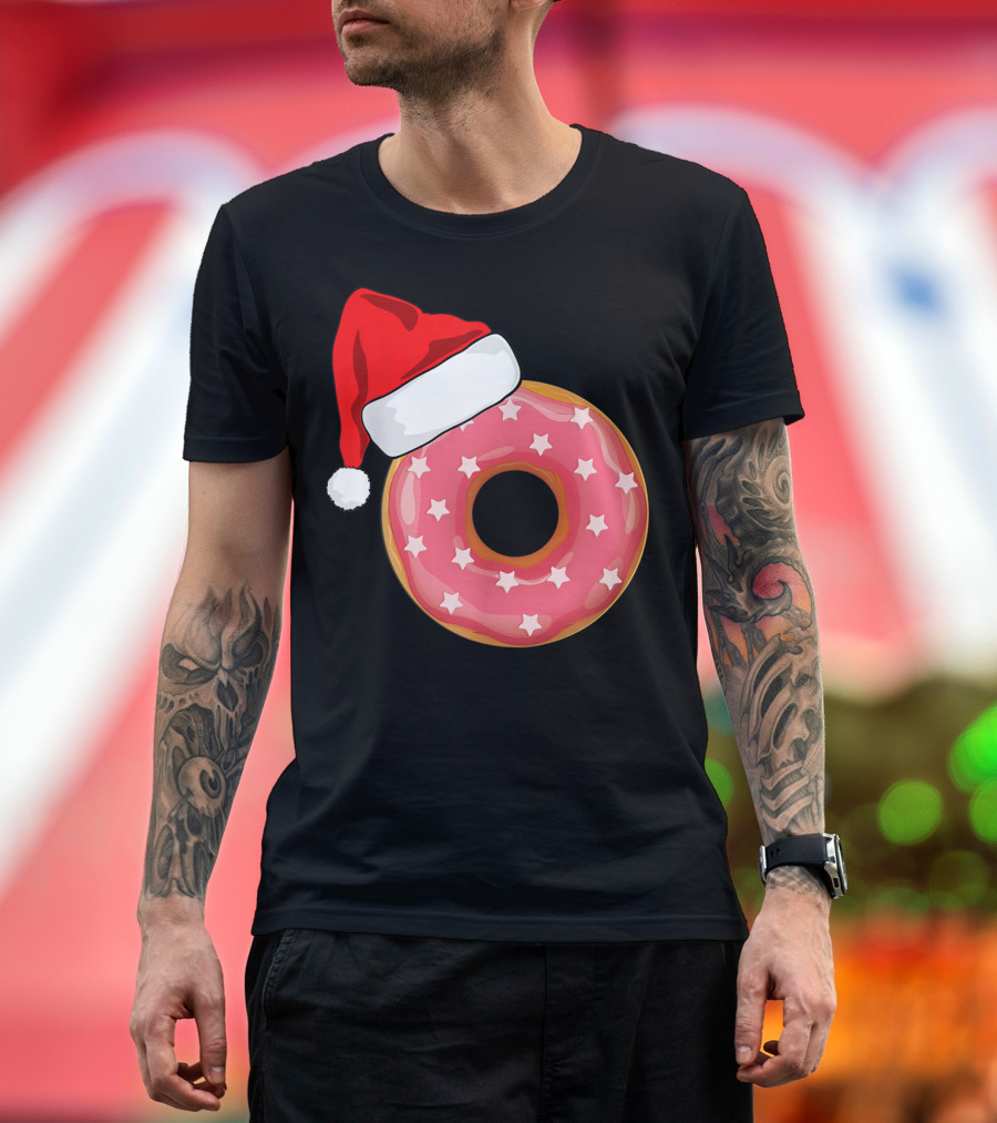 Santa Hat on Pink Strawberry Donut with Stars T-Shirt