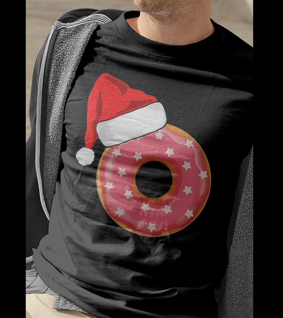 Santa Hat On Pink Strawberry Donut With Stars T-Shirt