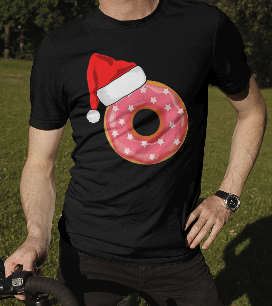 Santa Hat On Pink Strawberry Donut With Stars T-Shirt