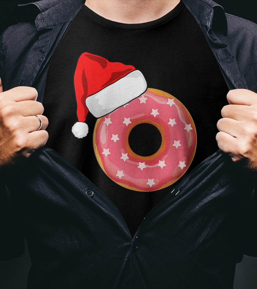 Santa Hat On Pink Strawberry Donut With Stars T-Shirt