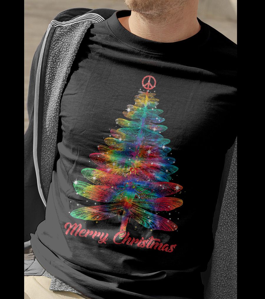 Merry Christmas Dragonfly Peace Sign Christmas Tree T-Shirt