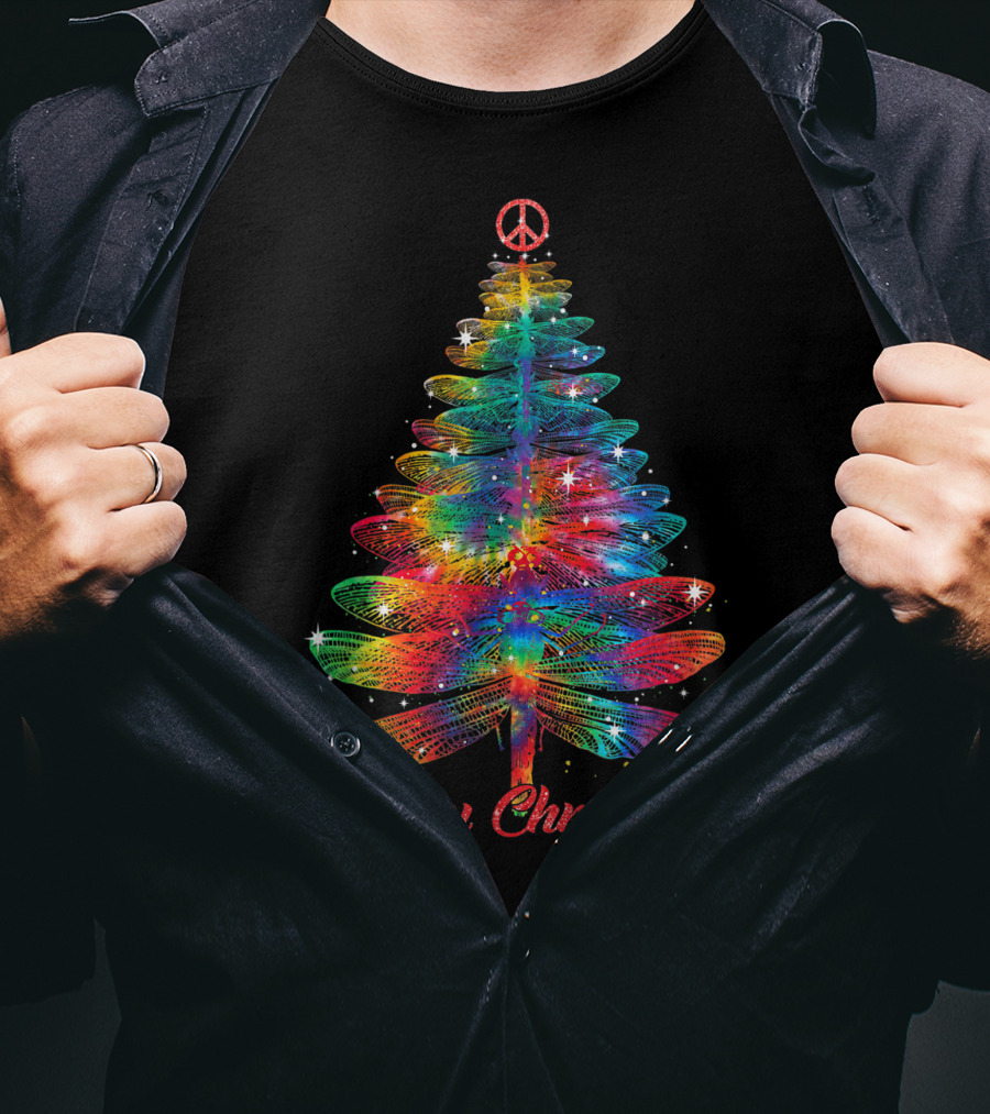 Merry Christmas Dragonfly Peace Sign Christmas Tree T-Shirt