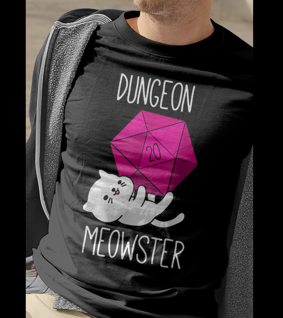 Dungeon Meowster Funny Nerdy Cat D20 Dice T-Shirt