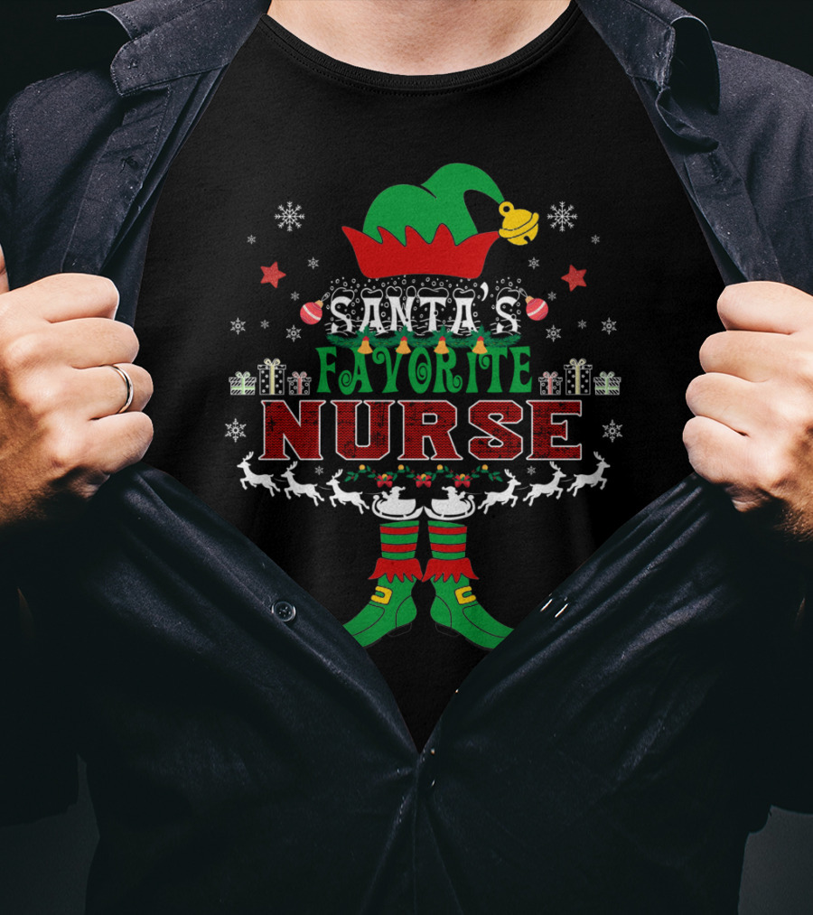 Santa's Favorite Nurse Elf Xmas Gifts Reindeer Bells Snowflakes T-Shirt