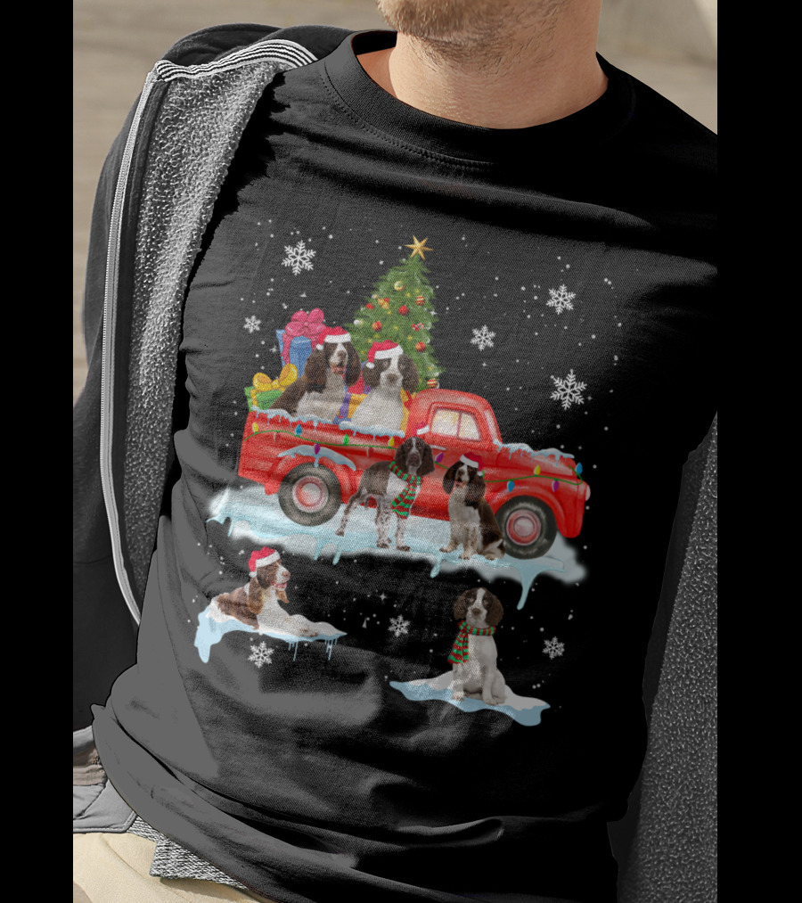 English Springer Spaniel Christmas Scene With Santa Hats On Red Truck And Snowflakes T-Shirt