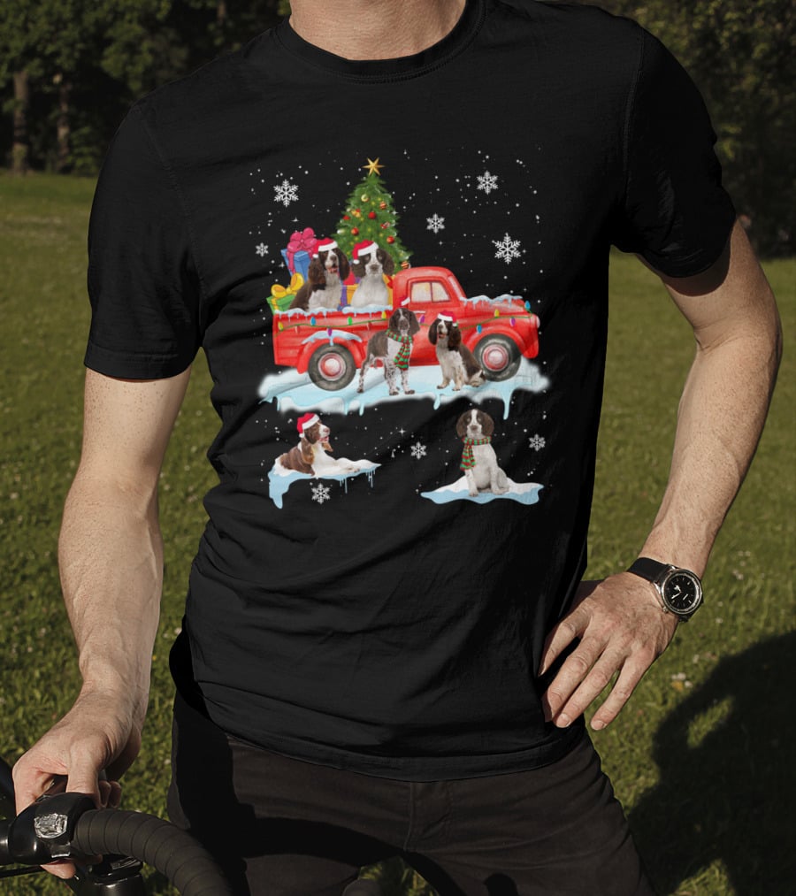 English Springer Spaniel Christmas Scene With Santa Hats On Red Truck And Snowflakes T-Shirt