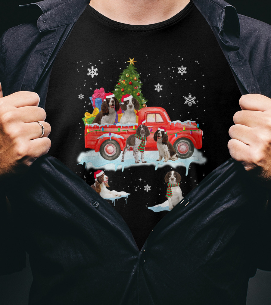 English Springer Spaniel Christmas Scene With Santa Hats On Red Truck And Snowflakes T-Shirt