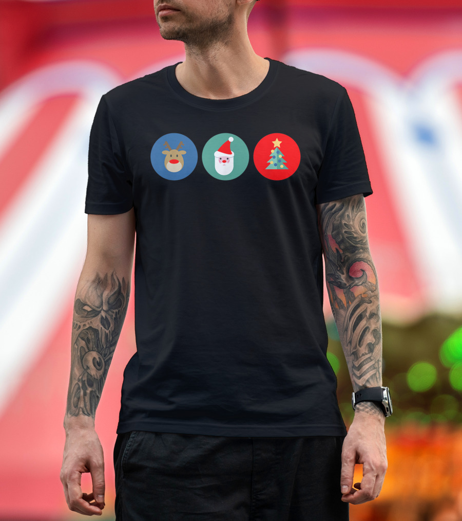 Festive Bright Colorful Reindeer Santa Tree Christmas Icons T-Shirt