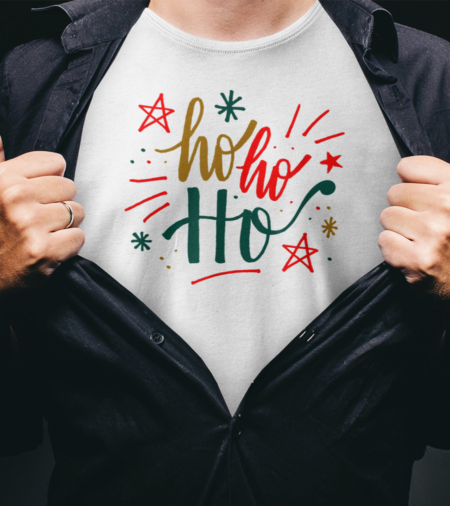 Festive Bright Red And Green Christmas Ho Ho Ho Stars T-Shirt