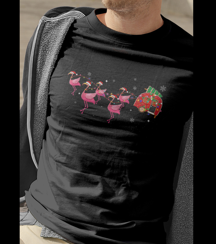 Flamingo Camper Santa Hat Christmas Glamping With Snowflakes T-Shirt