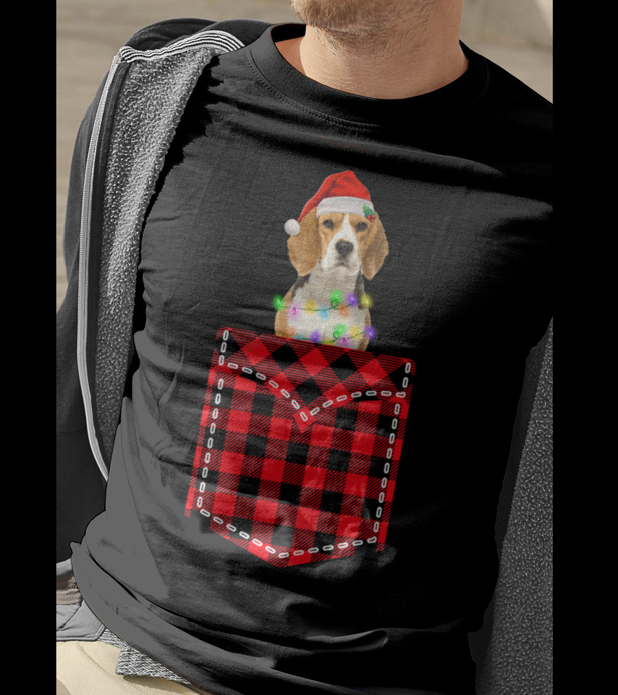 Funny Beagle Santa Hat Buffalo Plaid Xmas Lights In Pocket T-Shirt
