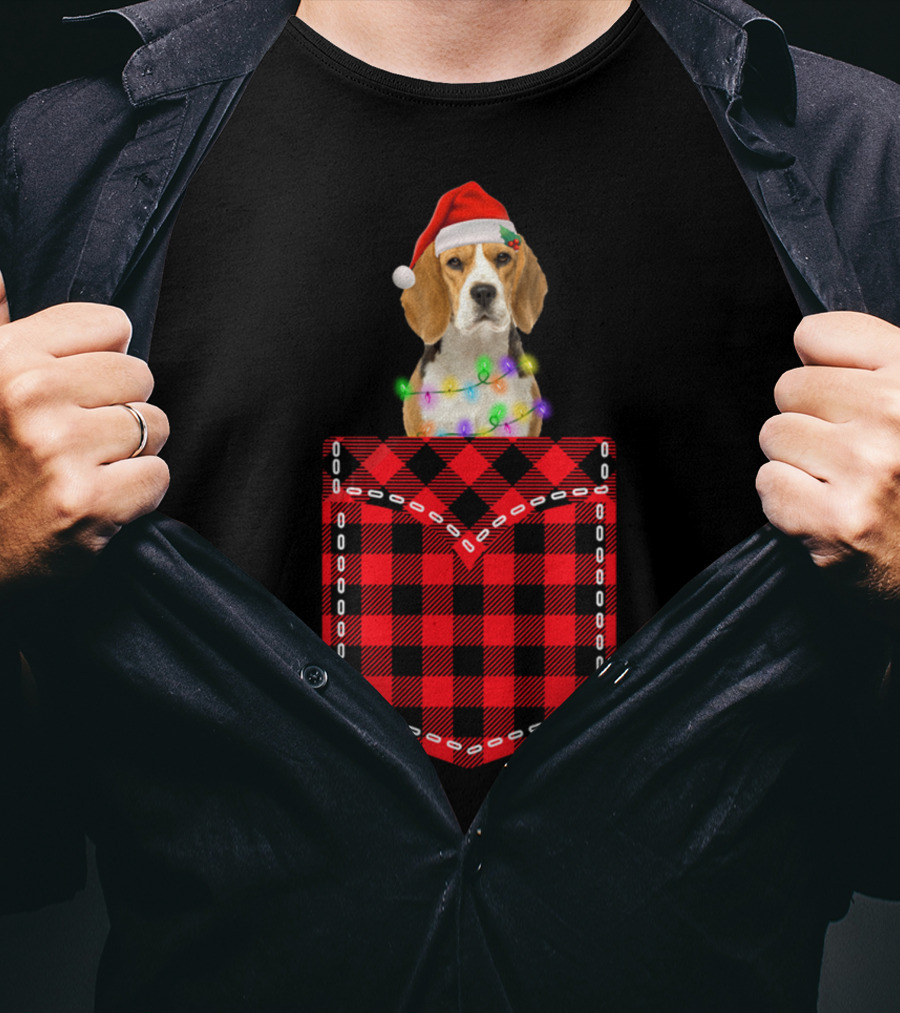 Funny Beagle Santa Hat Buffalo Plaid Xmas Lights In Pocket T-Shirt