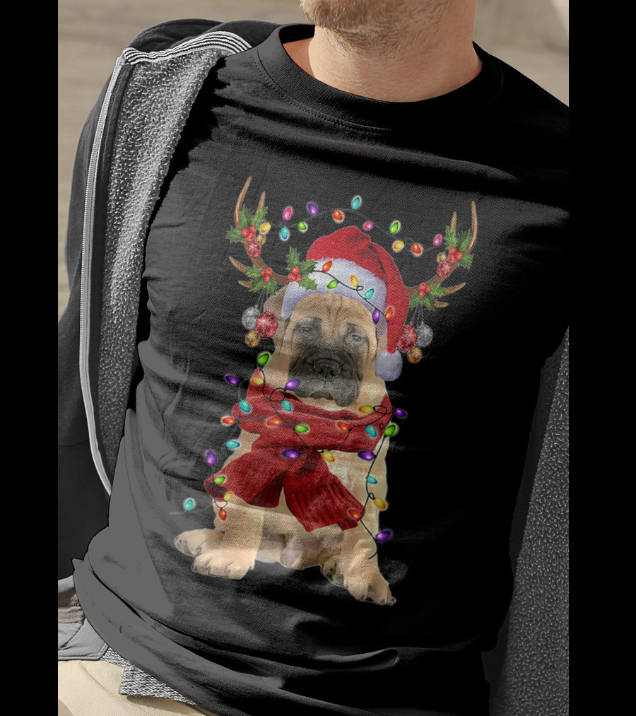 Festive Bull Mastiff Reindeer Lights Christmas Dog T-Shirt