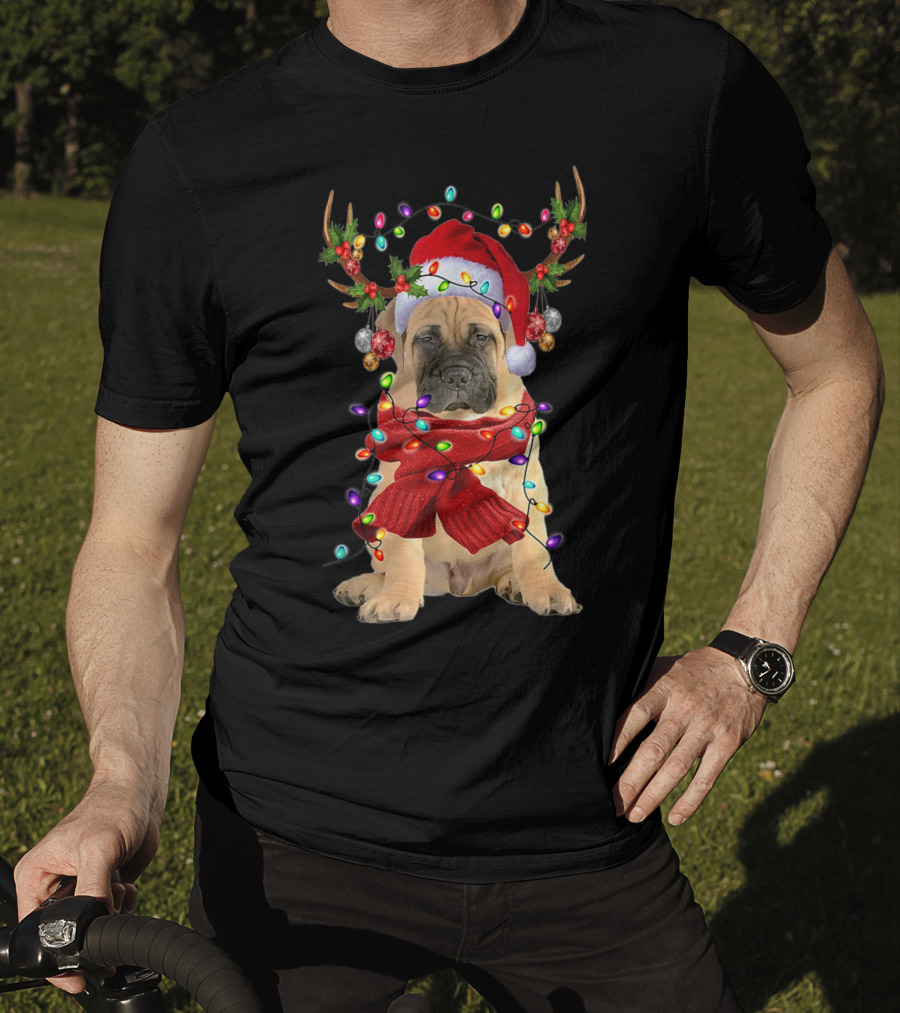Festive Bull Mastiff Reindeer Lights Christmas Dog T-Shirt