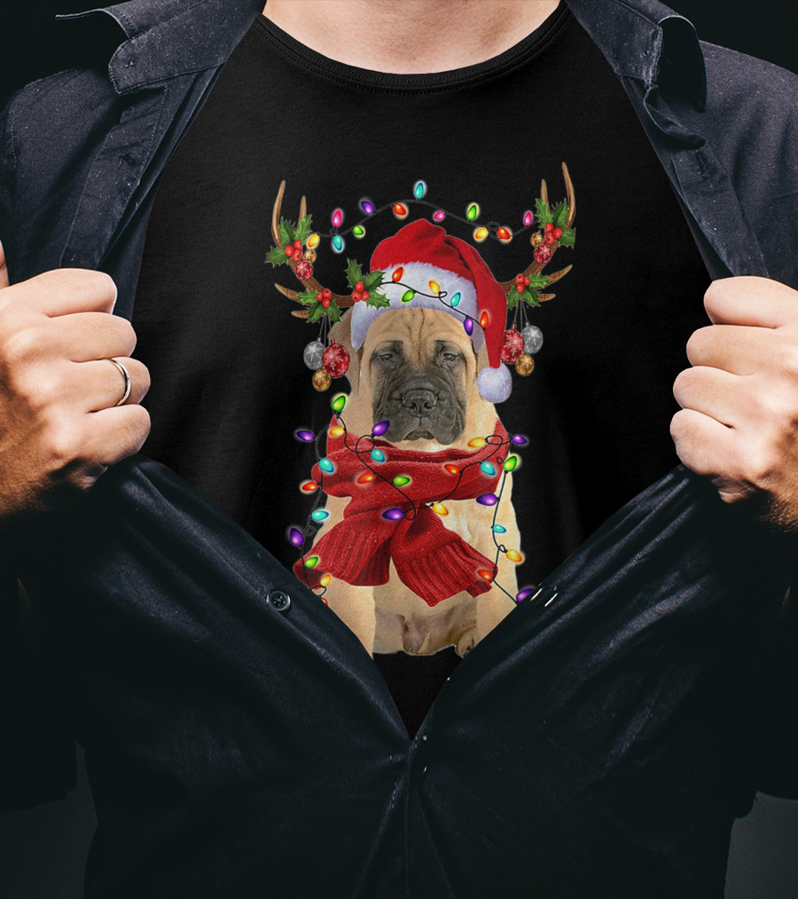 Festive Bull Mastiff Reindeer Lights Christmas Dog T-Shirt