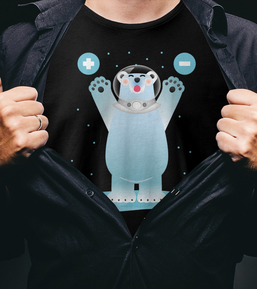 Funny Polar Bear In Space Helmet With Plus And Minus Chemistry Symbols T-Shirt