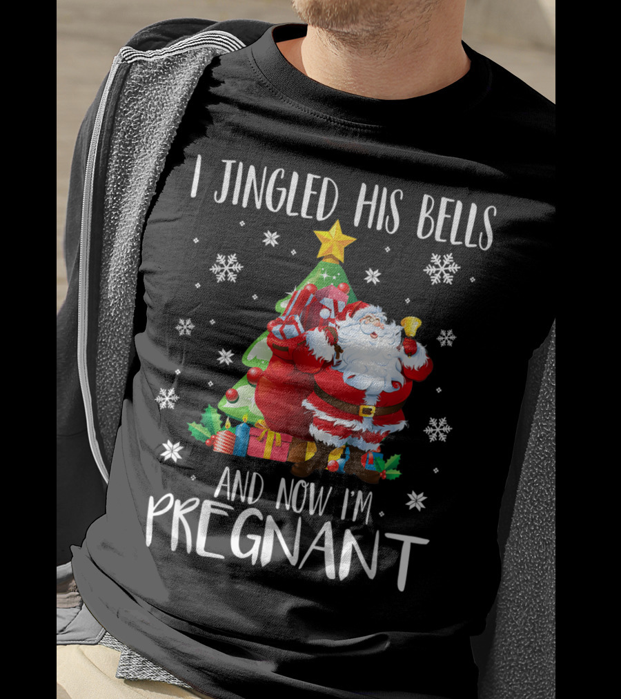 I Jingled His Bells Christmas Pregnancy Announcement Santa Snowflakes Tree T-Shirt