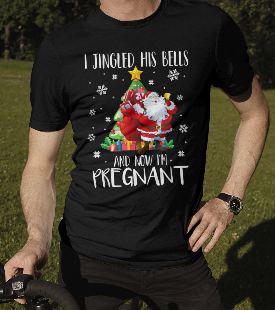 I Jingled His Bells Christmas Pregnancy Announcement Santa Snowflakes Tree T-Shirt