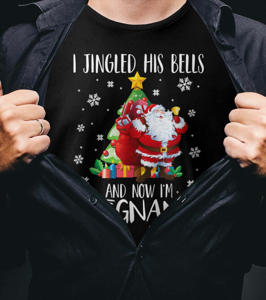 I Jingled His Bells Christmas Pregnancy Announcement Santa Snowflakes Tree T-Shirt