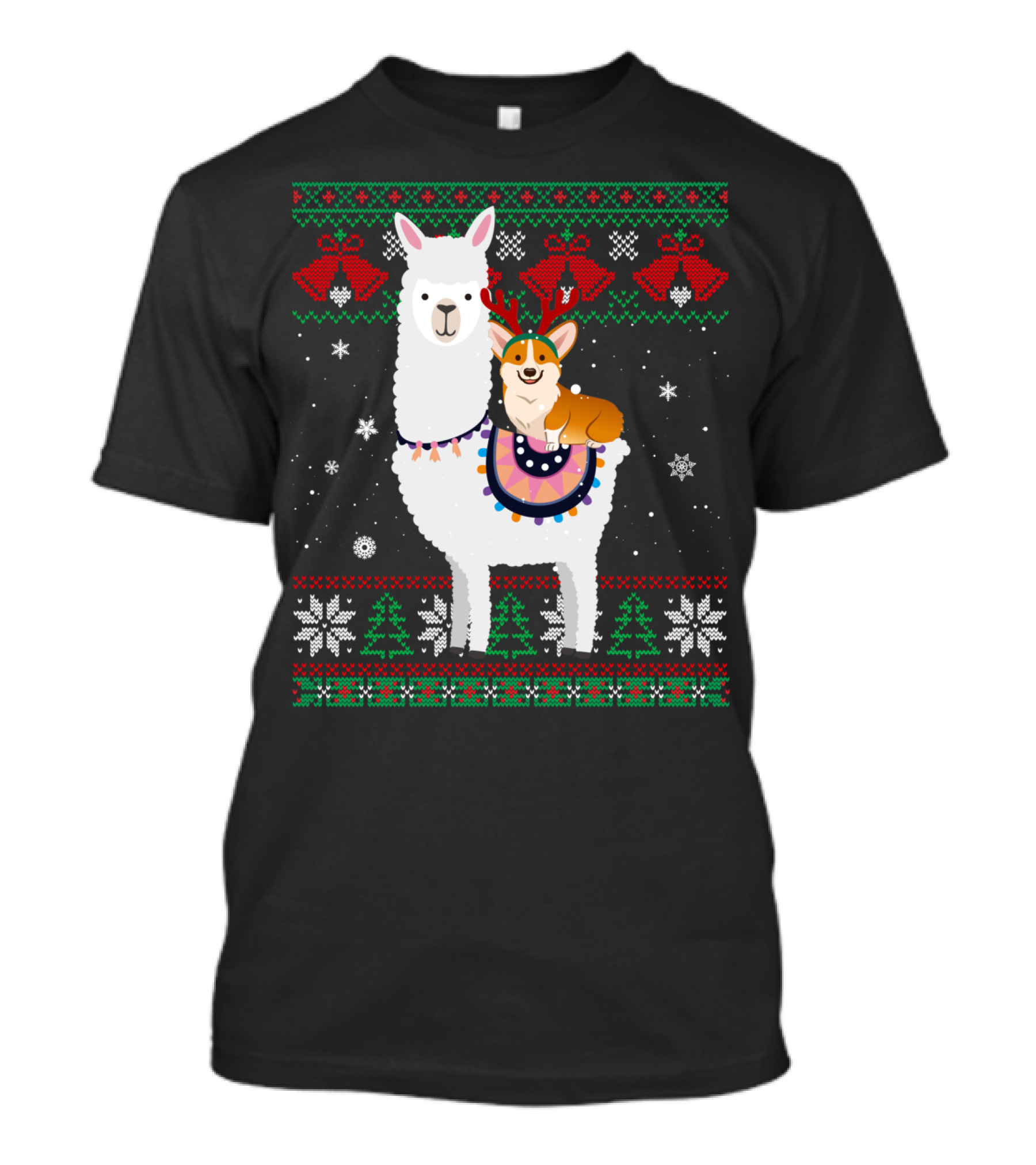 Christmas Corgi Riding Llama With Snowflakes And Reindeer Antlers T-Shirt