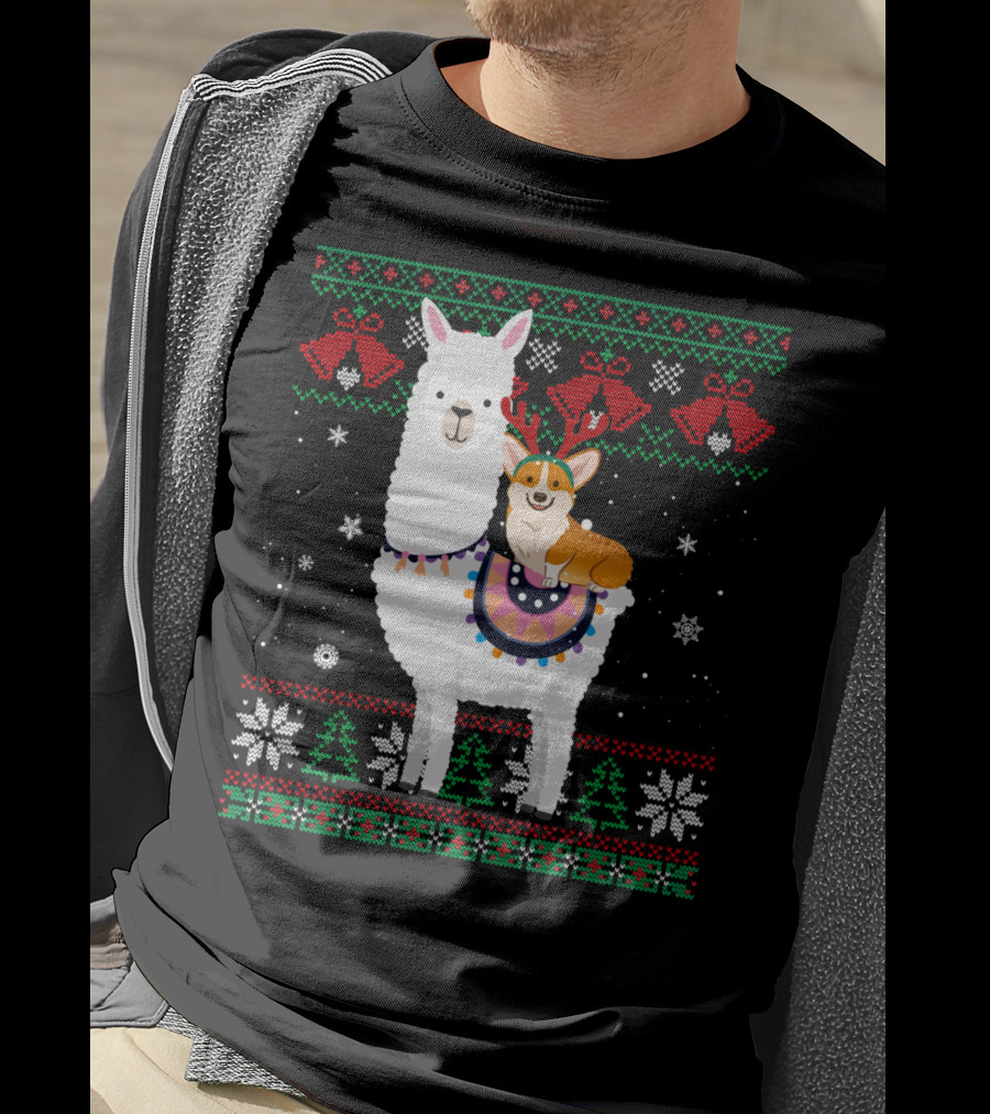 Christmas Corgi Riding Llama With Snowflakes And Reindeer Antlers T-Shirt