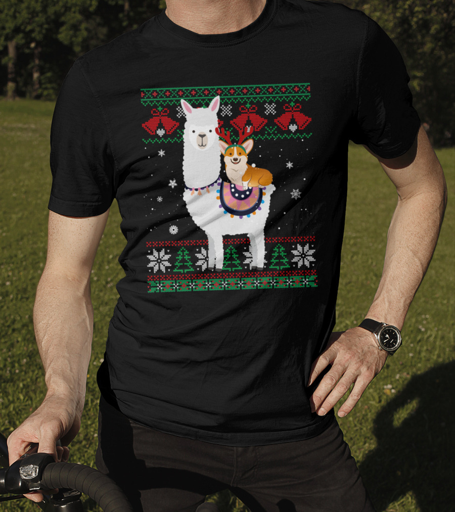 Christmas Corgi Riding Llama With Snowflakes And Reindeer Antlers T-Shirt