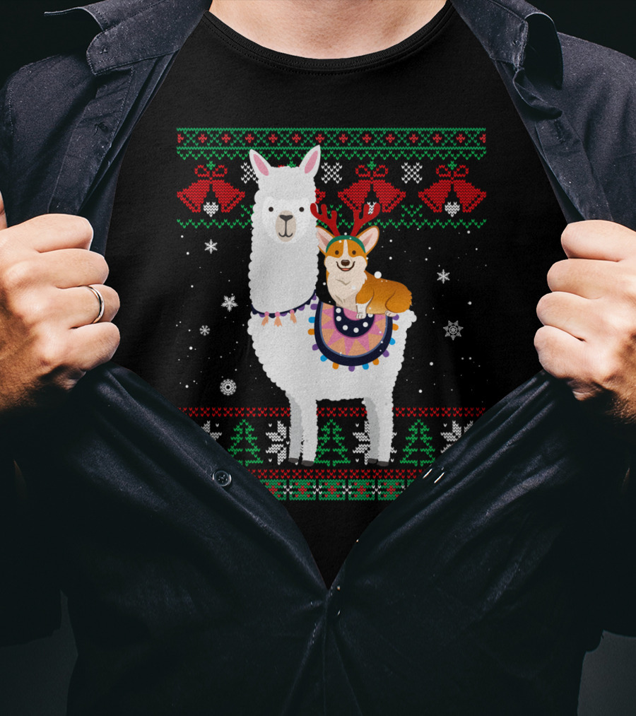 Christmas Corgi Riding Llama With Snowflakes And Reindeer Antlers T-Shirt