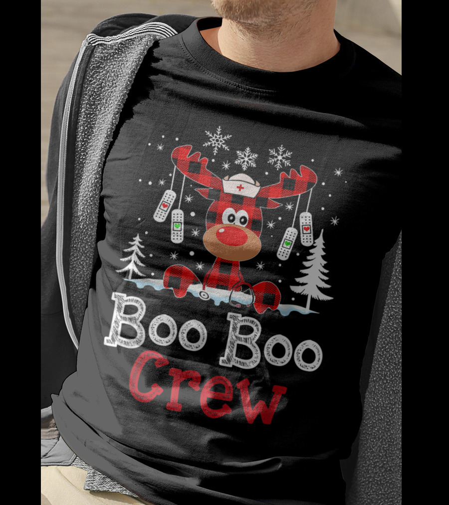 Boo Boo Crew Funny Cute Reindeer Buffalo Plaid T-Shirt