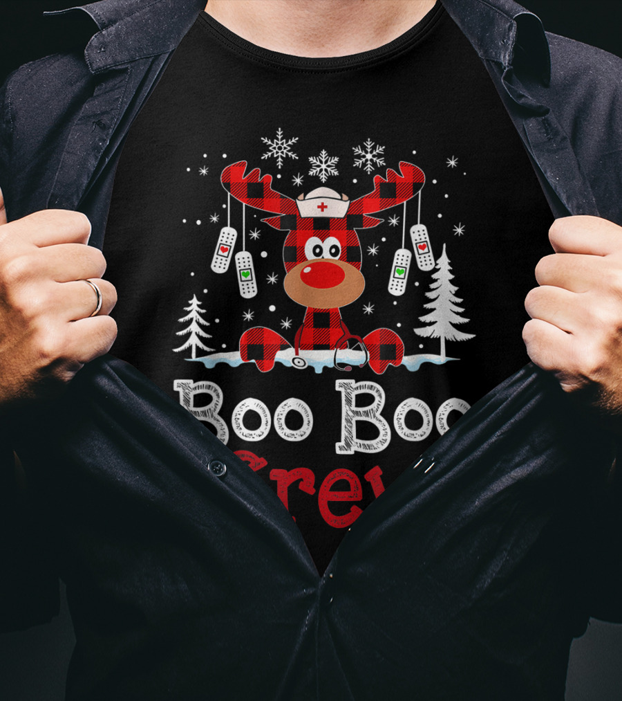 Boo Boo Crew Funny Cute Reindeer Buffalo Plaid T-Shirt