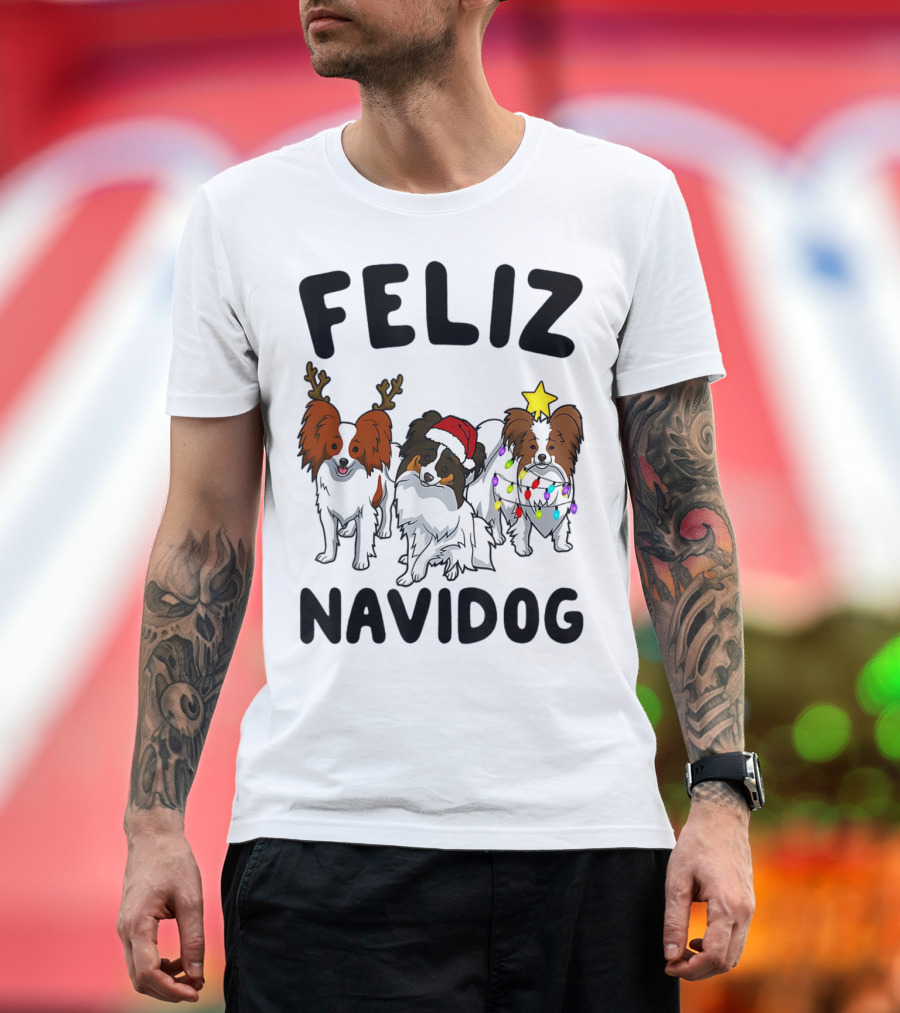 Feliz Navidog Funny Papillon Reindeer Santa Hat Christmas Lights T-Shirt