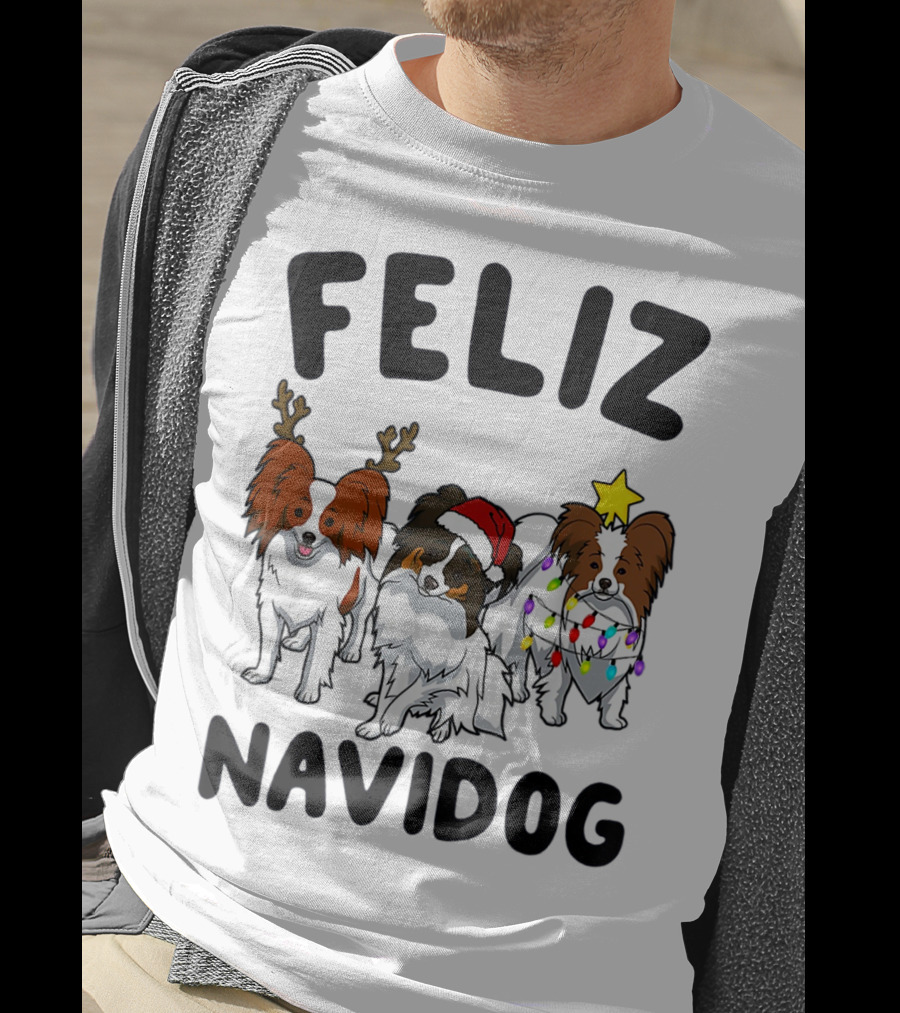 Feliz Navidog Funny Papillon Reindeer Santa Hat Christmas Lights T-Shirt