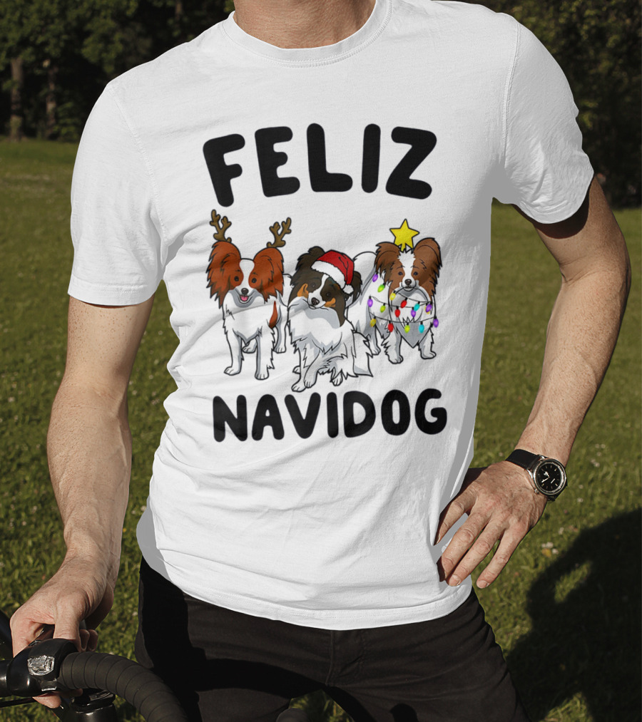 Feliz Navidog Funny Papillon Reindeer Santa Hat Christmas Lights T-Shirt
