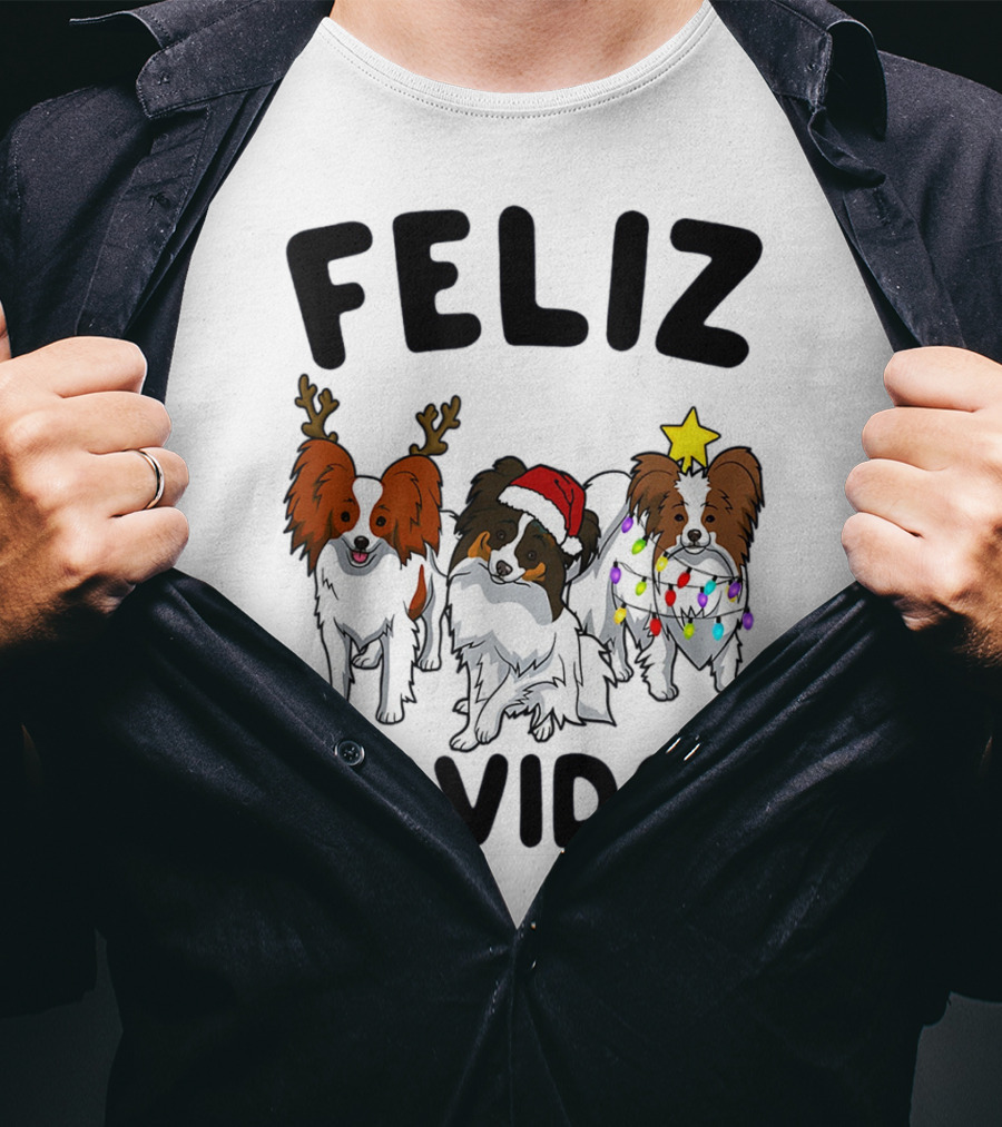 Feliz Navidog Funny Papillon Reindeer Santa Hat Christmas Lights T-Shirt