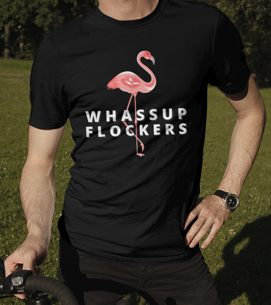 Whassup Flockers Funny Flamingos Woman Watercolor Beach T-Shirt