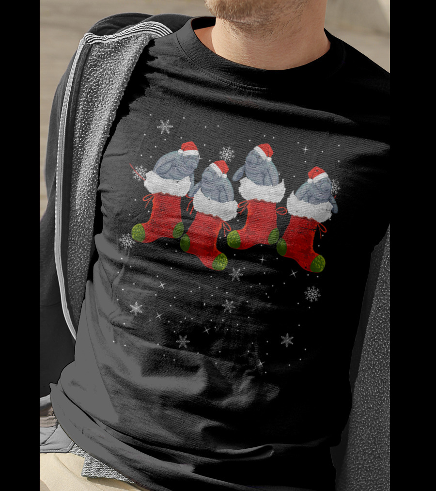Santa Hat Manatees In Christmas Stockings With Snowflakes T-Shirt