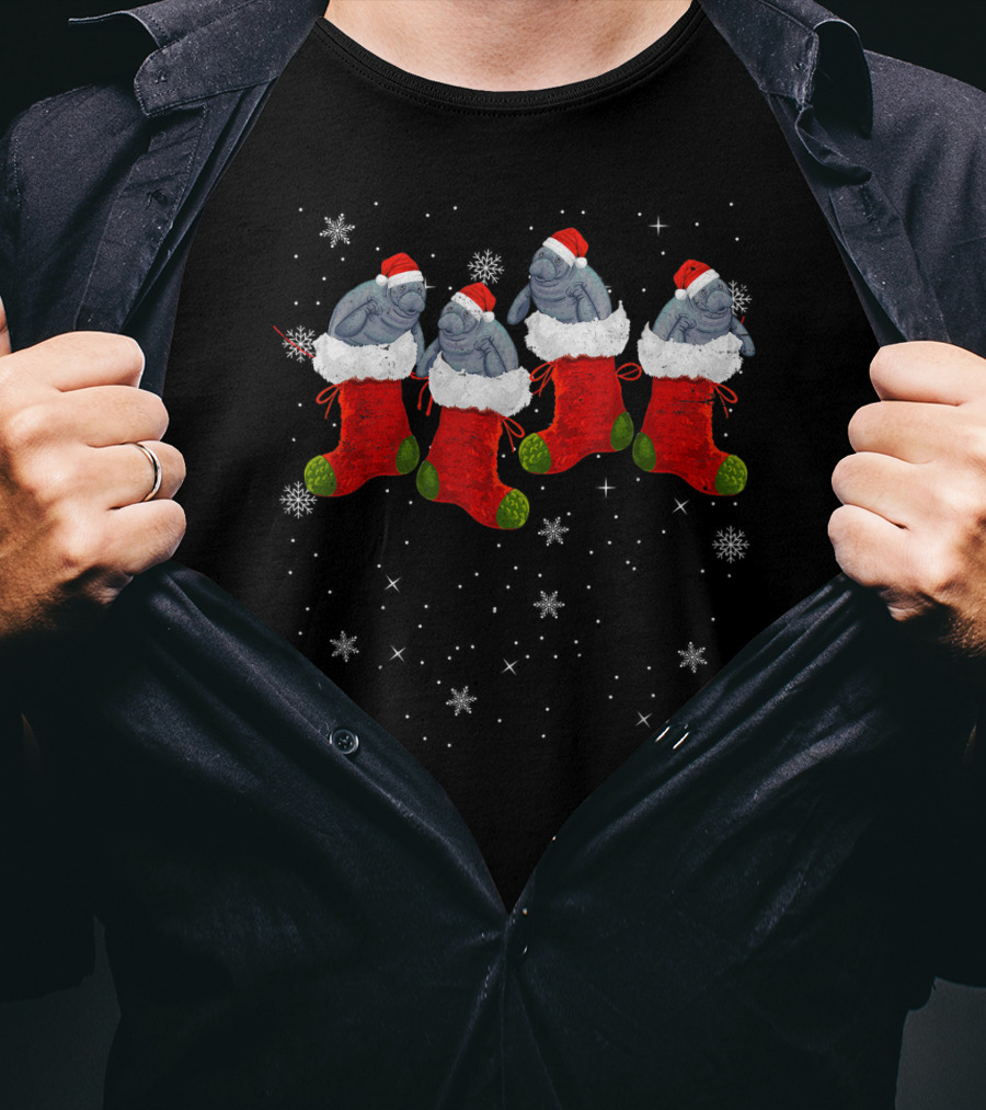 Santa Hat Manatees In Christmas Stockings With Snowflakes T-Shirt