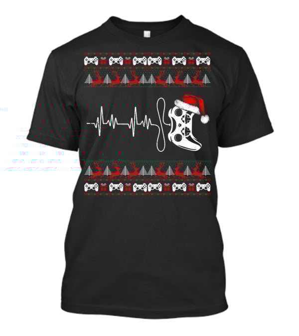 Gamer Heartbeat Christmas Controller Santa Hat Trees Reindeer T-Shirt