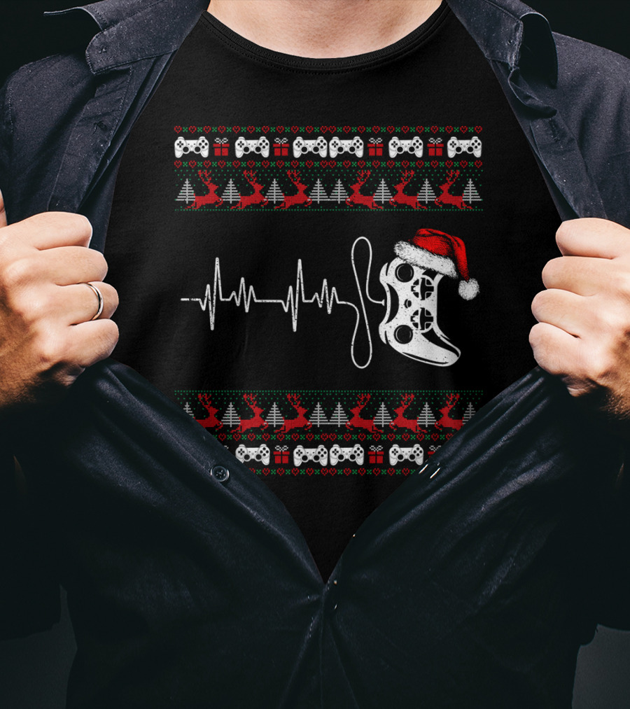 Gamer Heartbeat Christmas Controller Santa Hat Trees Reindeer T-Shirt
