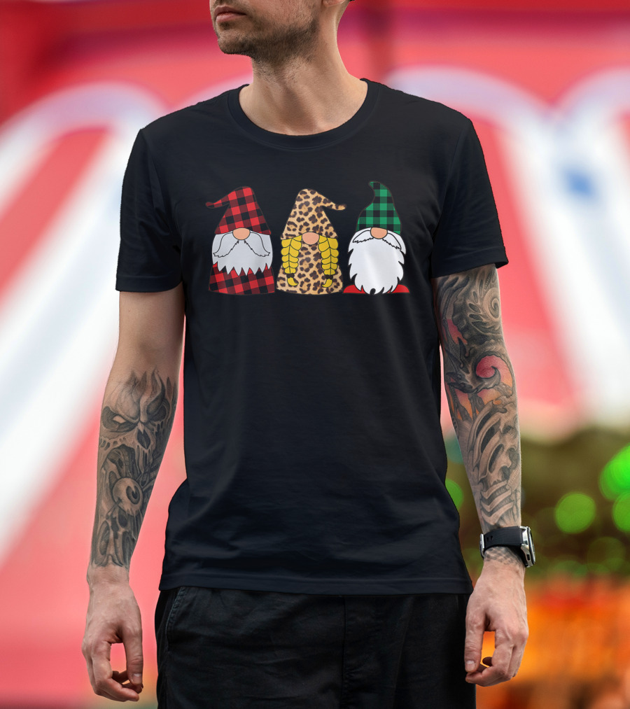 Gnomes Red Plaid Leopard Print Green Plaid T-Shirt