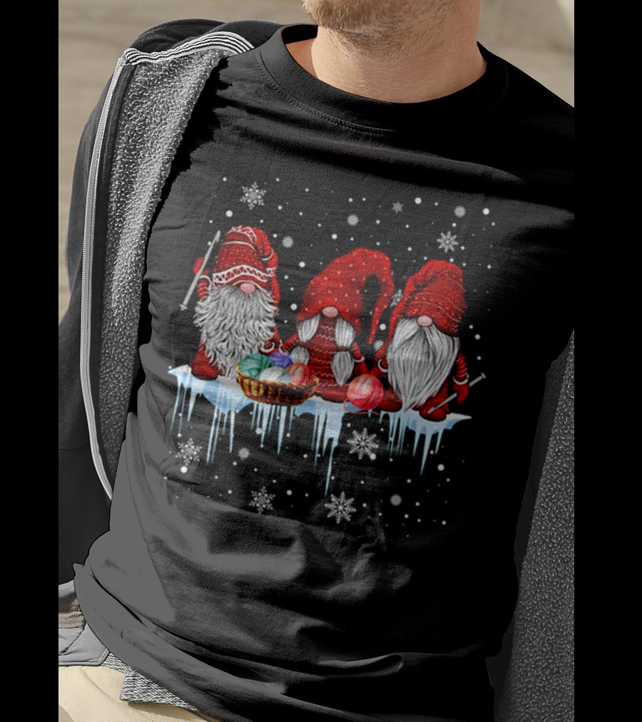 Hanging With Red Gnomies Crochet Funny Gnome Snowflakes And Yarn On Ice T-Shirt